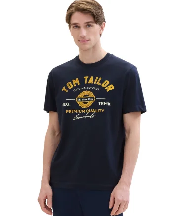 Tricou din bumbac cu imprimeu logo, Albastru inchis