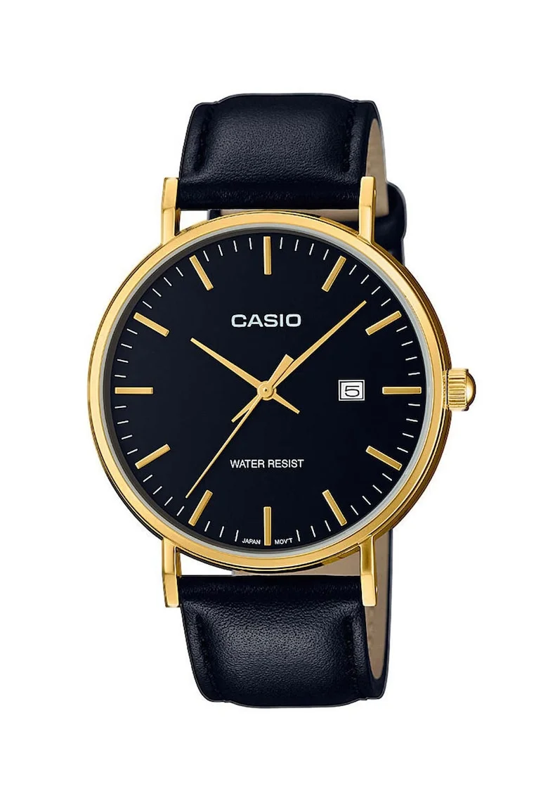 Ceas analog cu o curea de piele Classic, Negru