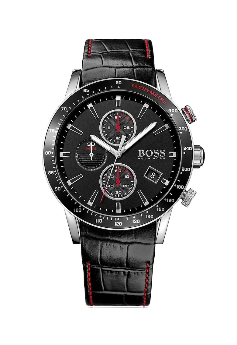 Hugo Boss, Ceas cronograf cu o curea de piele, Negru