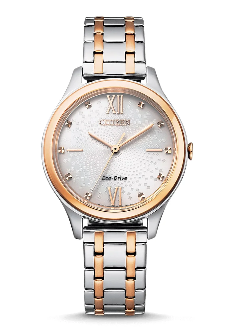 Ceas cu doua nuante si bratara metalica Eco-Drive, Argintiu/Maro bronz