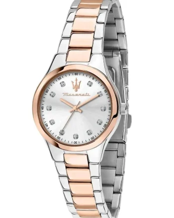 Ceas de otel inoxidabil cu zirconia, Argint/Auriu rose