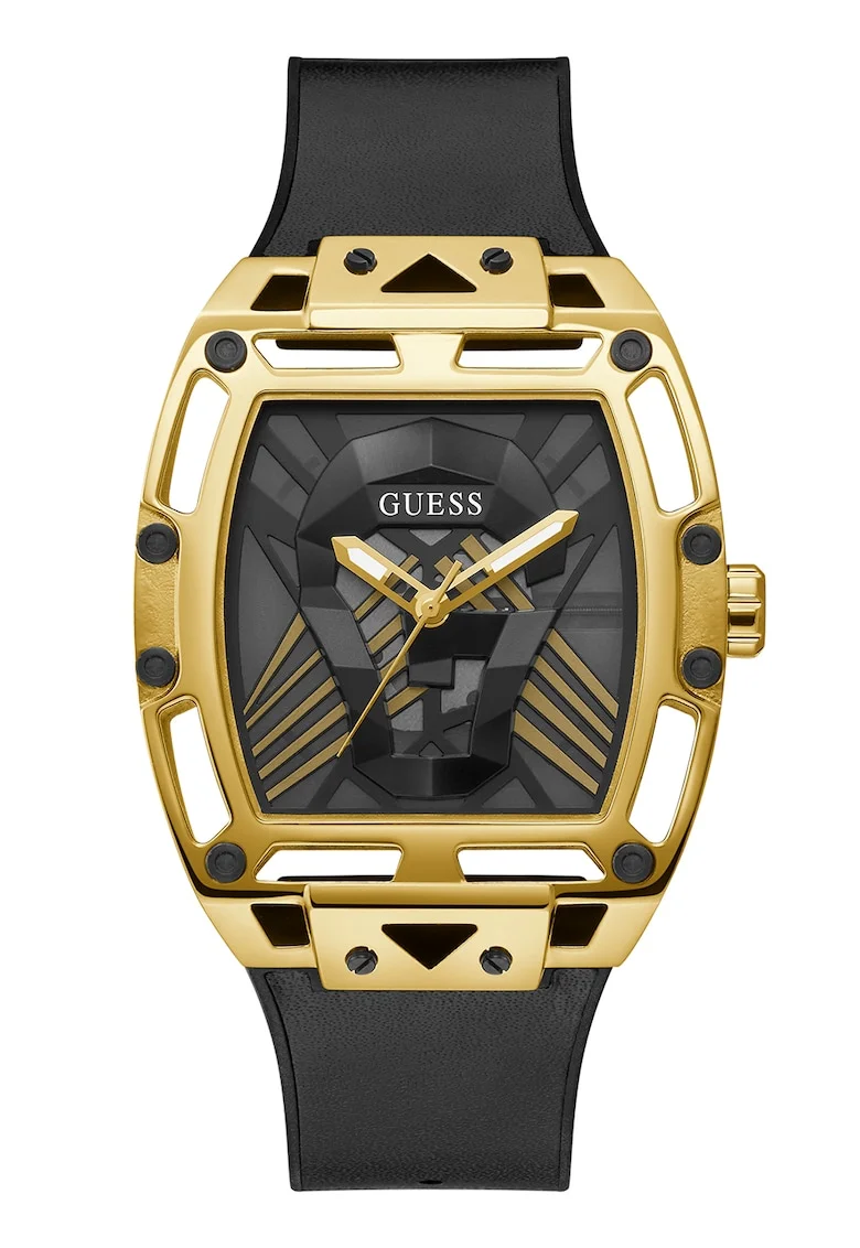 Ceas cu o curea de silicon si piele, Auriu/Negru