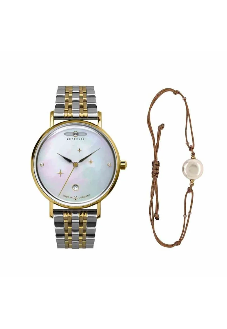 Set ceas/bratara dama, Zeppelin, 7131M5 , Otel, Quartz, Cristale Swarovski, 36 mm, Argintiu/Auriu