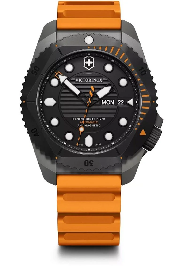 Ceas barbatesc  Dive Pro Automatic, rezistent la apa 300m, curea cauciuc negru cu portocaliu, titan