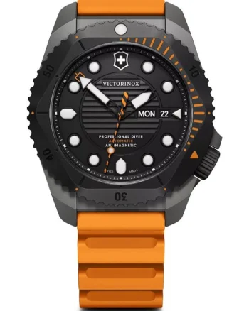 Ceas barbatesc  Dive Pro Automatic, rezistent la apa 300m, curea cauciuc negru cu portocaliu, titan