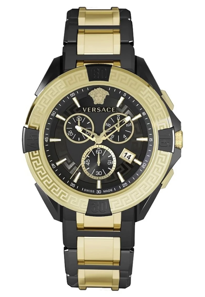Ceas barbatesc  cronograf, bratara metalica aurie/neagra, 46mm, rezistenta apa 5 ATM