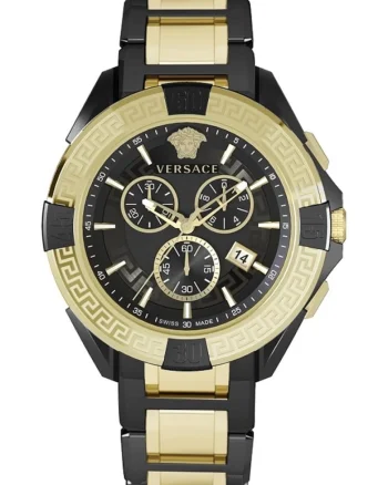 Ceas barbatesc  cronograf, bratara metalica aurie/neagra, 46mm, rezistenta apa 5 ATM