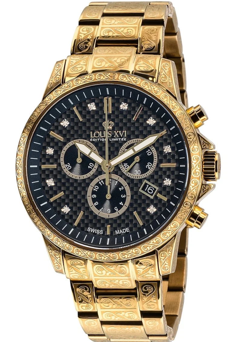 Ceas barbatesc  Palais Royale, cronograf, bratara metalica aurie, 43mm, 10 ATM