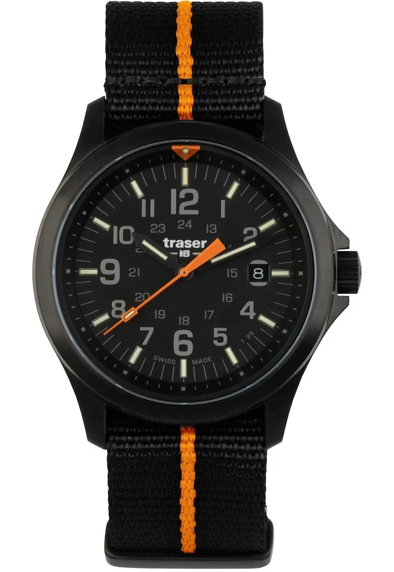 Ceas barbatesc  P67 Officer Pro Black, mecanism quartz Ronda 715, Swiss Made, portocaliu cu negru, 10 ATM, curea NATO