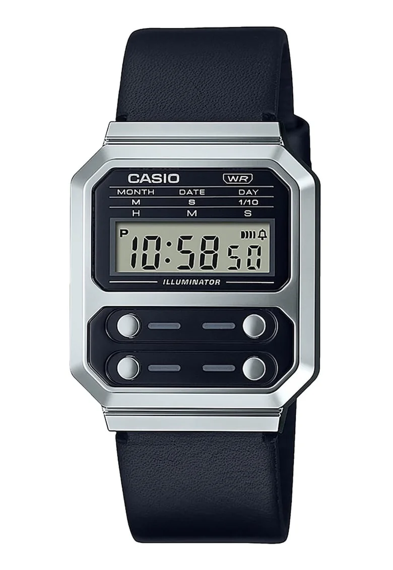 Ceas digital unisex cu o curea de piele, Argintiu/Negru