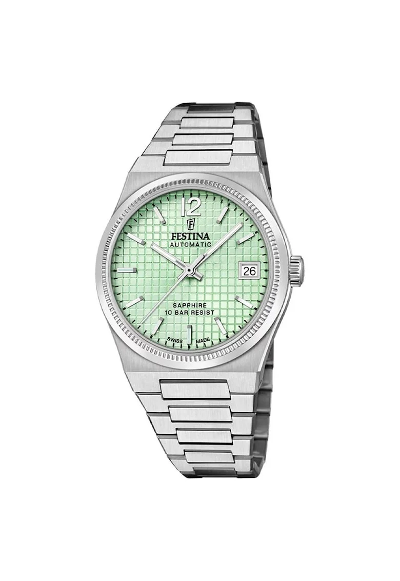 Ceas dama  F20029-3, bratara din otel, carcasa rotunda, 35mm, cadran verde, rezistent la apa 100m, argintiu