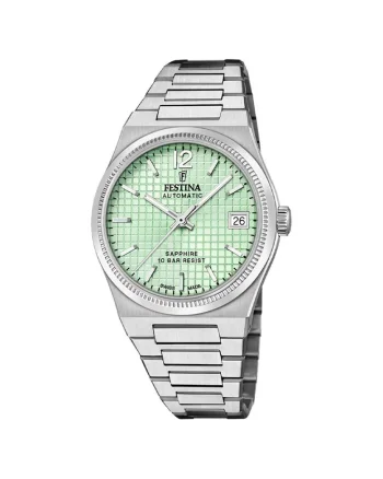 Ceas dama  F20029-3, bratara din otel, carcasa rotunda, 35mm, cadran verde, rezistent la apa 100m, argintiu