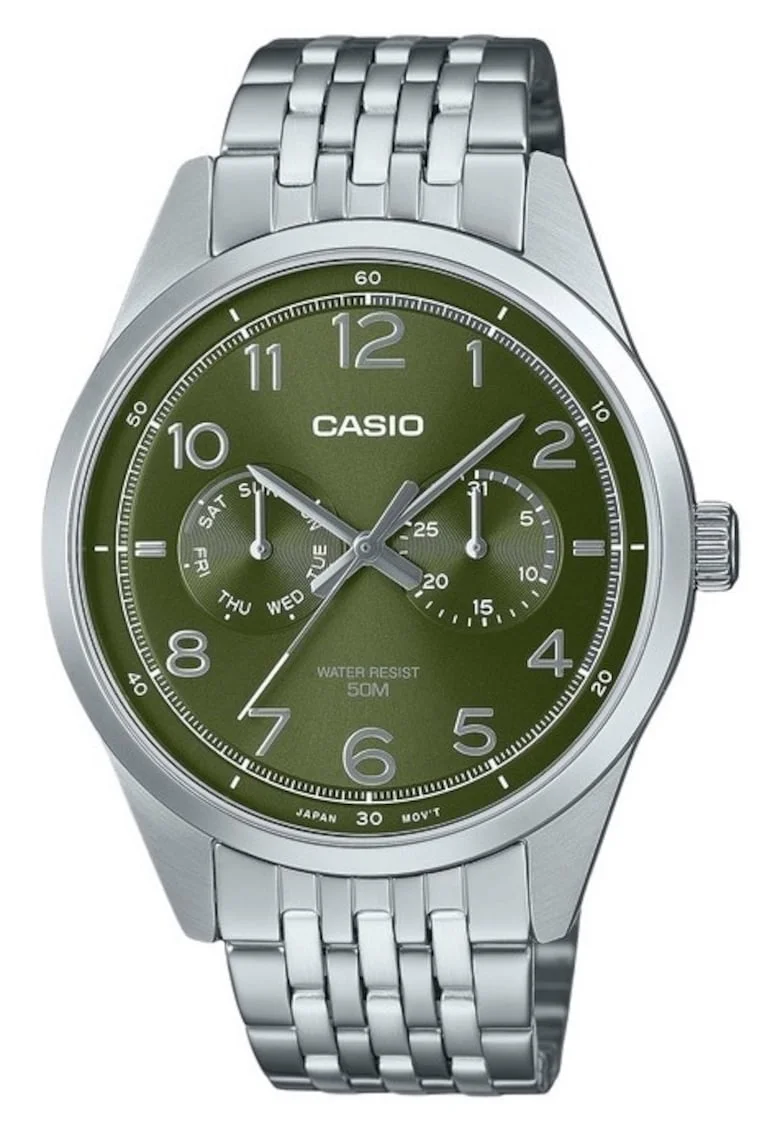 Ceas barbatesc  analog, cadran verde, bratara din otel inoxidabil, 41.50x08.80mm, rezistent la apa 50m