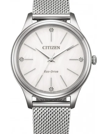 Ceas de dama  EM1220-82A, argintiu, cadran alb, bratara mesh, Eco-Drive