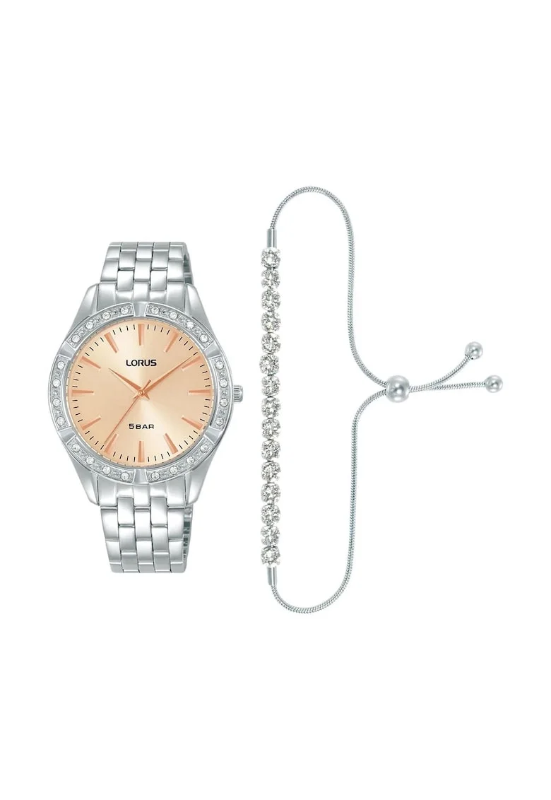 Ceas Dama  inox, set cu bratara eleganta, macanism quartz, argintiu