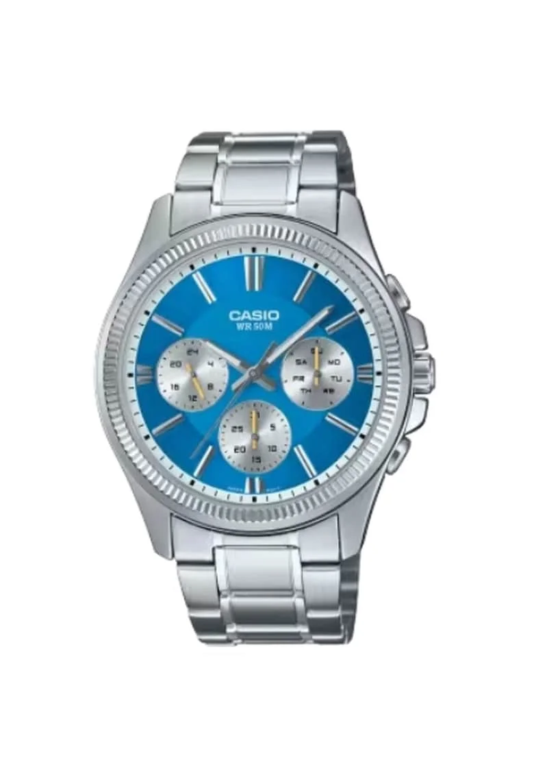 Ceas barbatesc  DAY DATE MULTIFUNCTION, albastru deschis, bratara din otel inoxidabil, rezistent la apa 5 atm