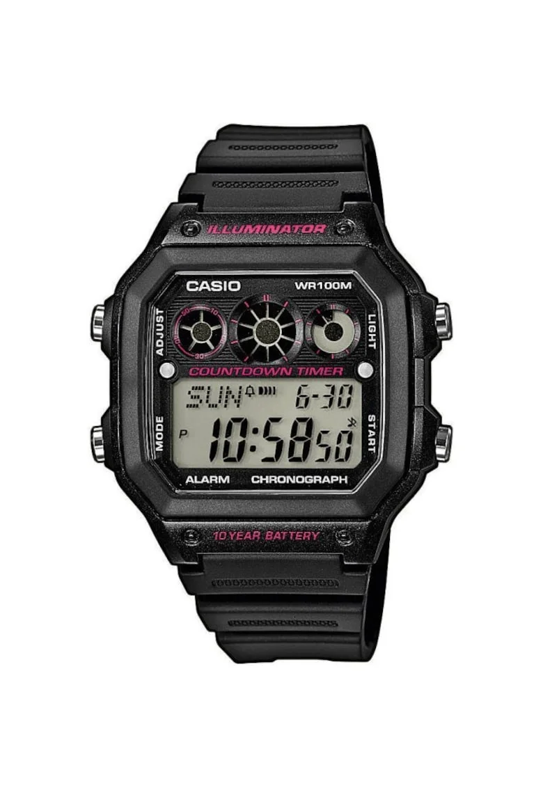 Ceas sportiv  digital, negru, 45x42x12,5mm, cu calendar, stoper, iluminare, rezistent la apa 100m