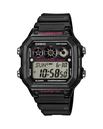 Ceas sportiv  digital, negru, 45x42x12,5mm, cu calendar, stoper, iluminare, rezistent la apa 100m