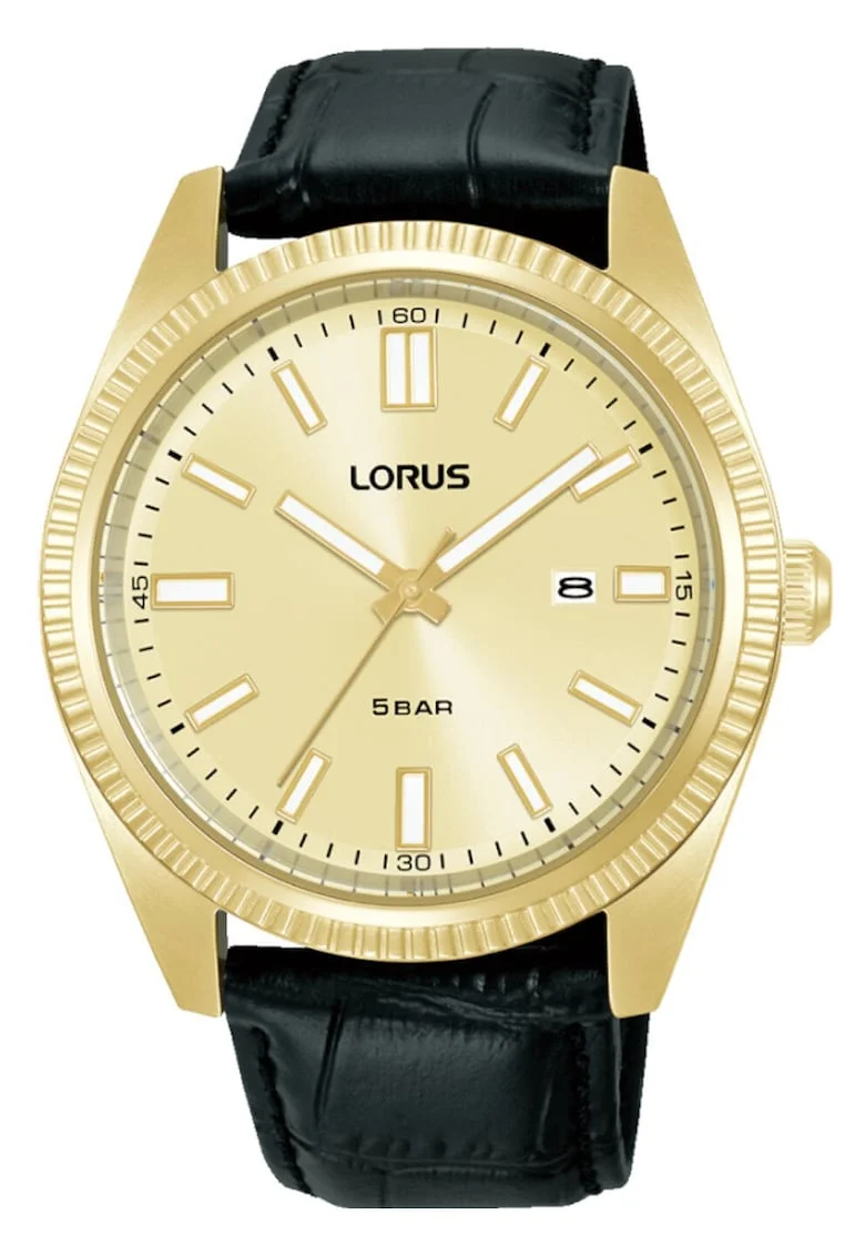 Ceas  RH976QX9, Analog Quartz, Cadran Auriu, Curea Piele Neagra, Rezistent la Apa 5 ATM