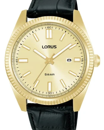 Ceas  RH976QX9, Analog Quartz, Cadran Auriu, Curea Piele Neagra, Rezistent la Apa 5 ATM