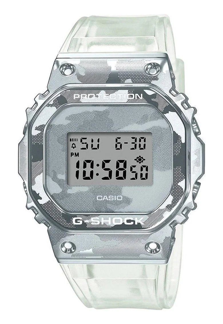 Ceas digital cu o curea cu model camuflaj G-Shock, Alb transparent/Argintiu