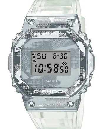 Ceas digital cu o curea cu model camuflaj G-Shock, Alb transparent/Argintiu