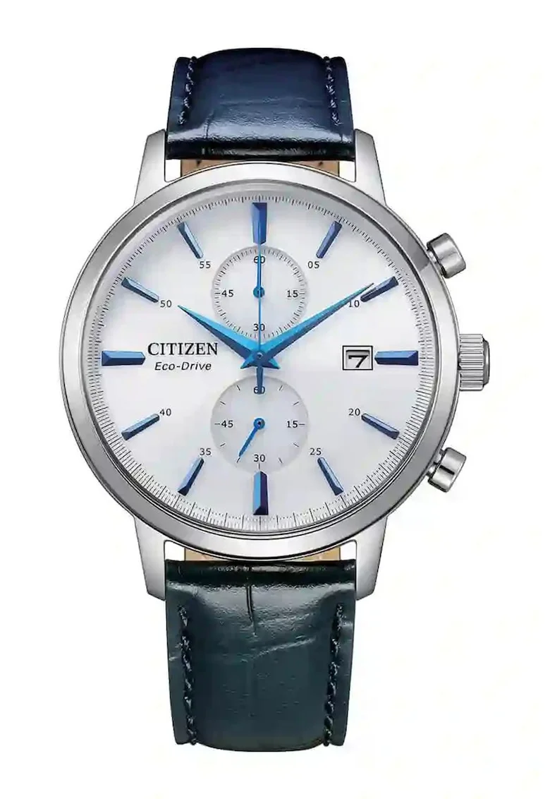 Ceas cronograf cu o curea de piele, Argintiu, Albastru inchis, Argintiu/Albastru inchis