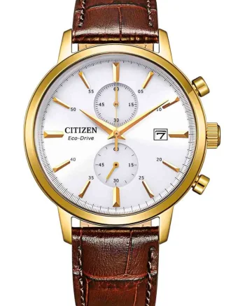 Ceas cronograf Eco-Drive cu curea din piele, Auriu/Maro coniac