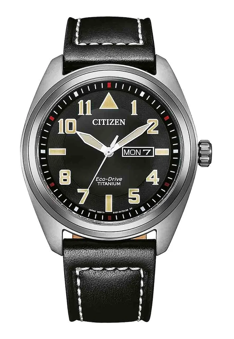 Ceas Eco-Drive cu curea din piele, Negru