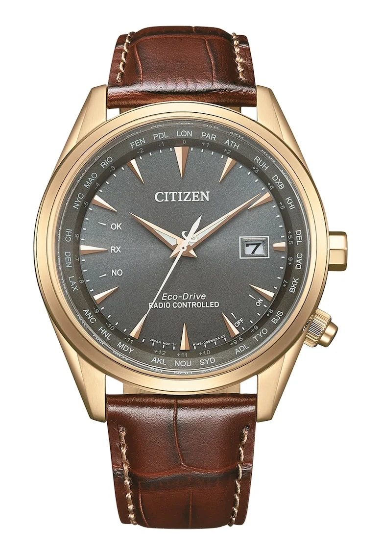 Ceas Eco-Drive analog cu curea din piele, Auriu/Maro coniac