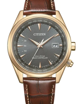 Ceas Eco-Drive analog cu curea din piele, Auriu/Maro coniac