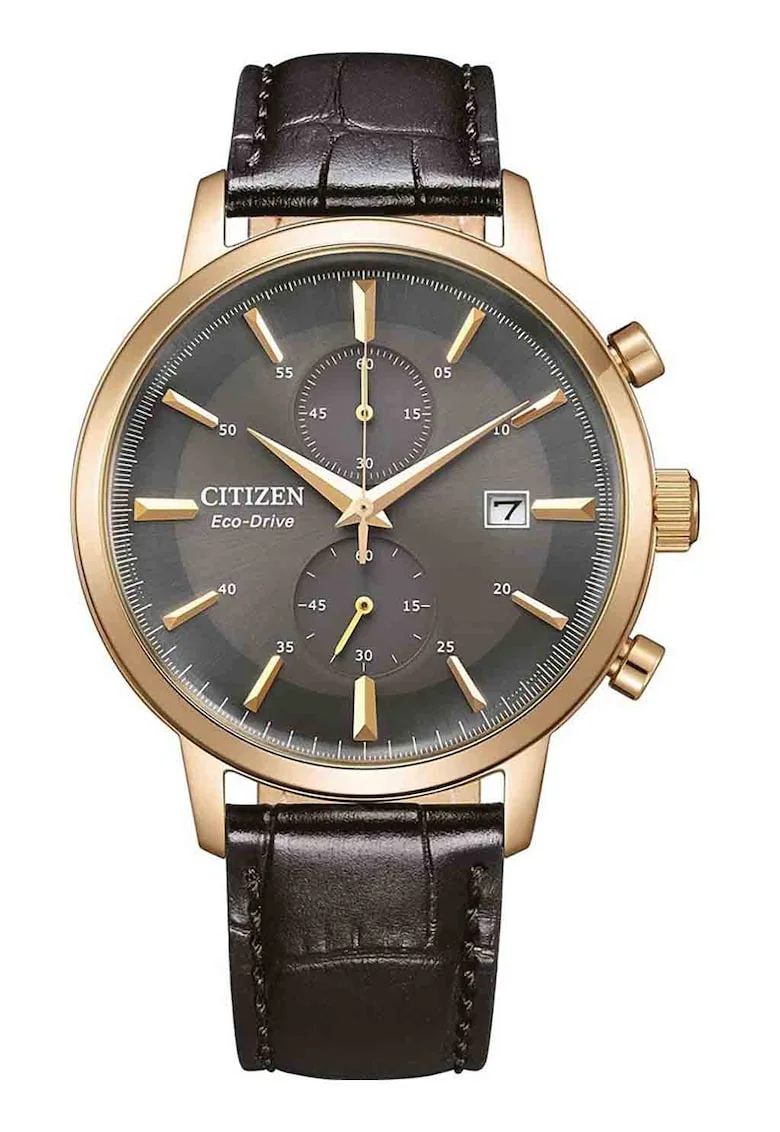 Ceas cronograf Eco-Drive cu curea din piele, Auriu/Negru