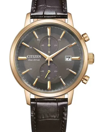 Ceas cronograf Eco-Drive cu curea din piele, Auriu/Negru