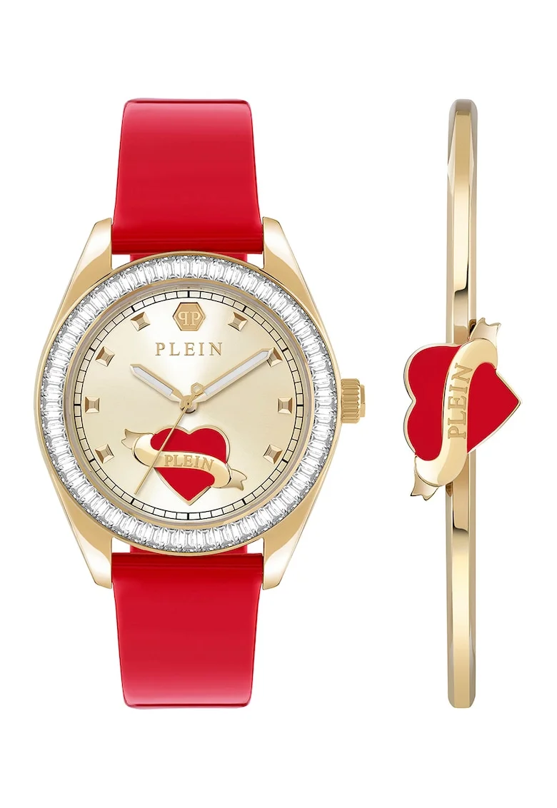 Set de ceas si bratara cu detaliu inima Valentine, Auriu/Rosu