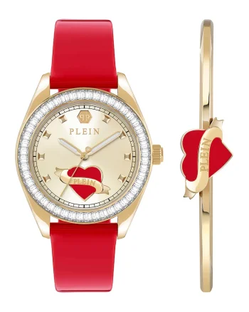 Set de ceas si bratara cu detaliu inima Valentine, Auriu/Rosu