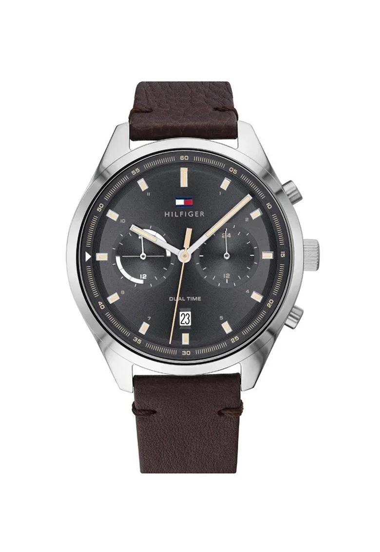 Ceas quartz cu o curea din piele, Maro/Argintiu