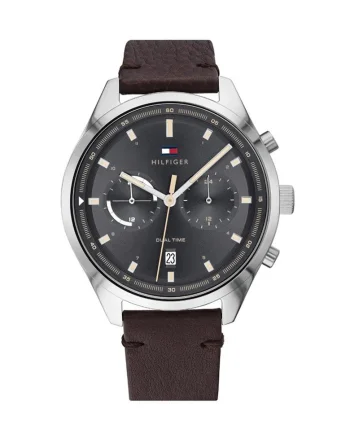 Ceas quartz cu o curea din piele, Maro/Argintiu