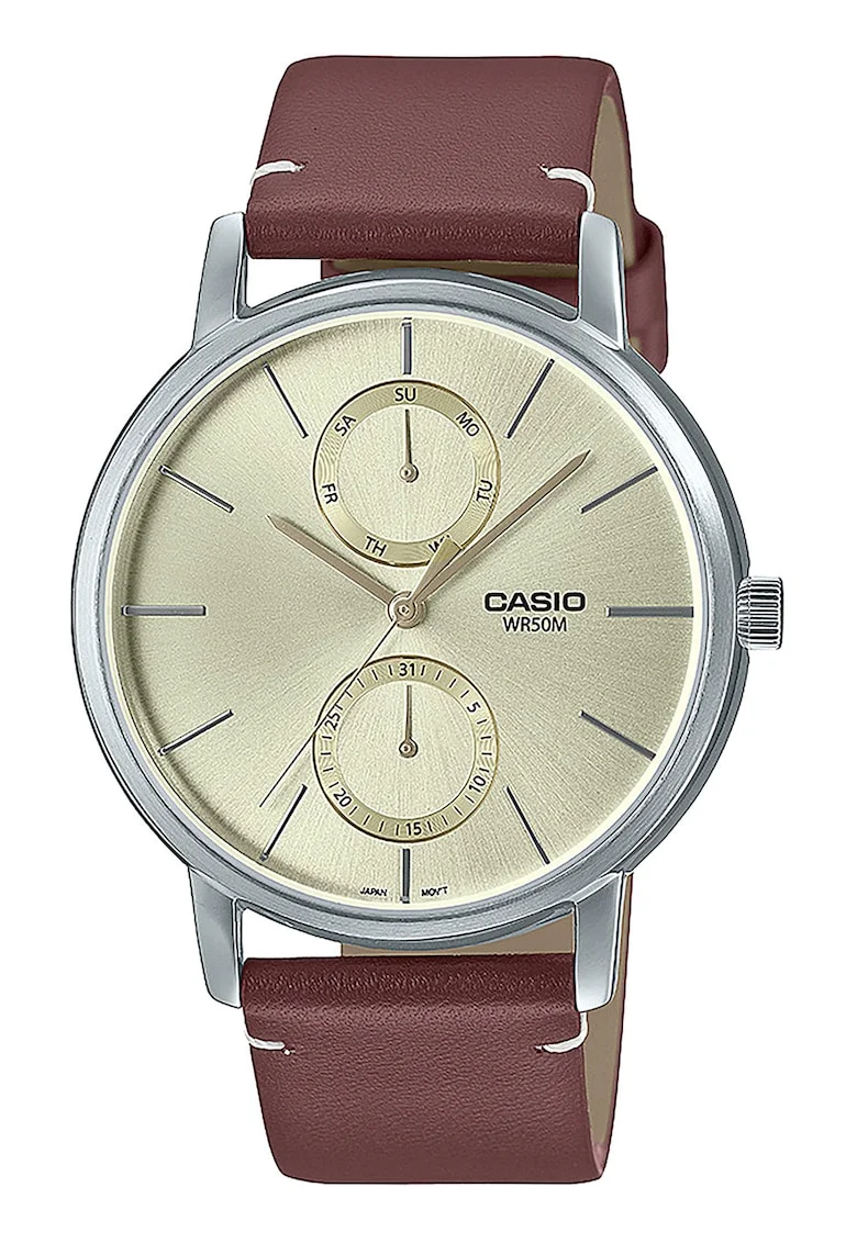 Ceas quartz cu functii multiple, Argintiu/Maro coniac