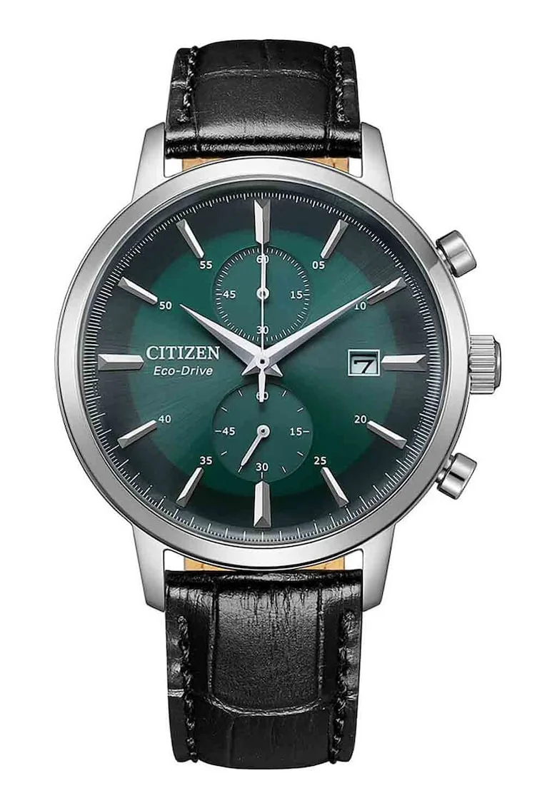 Ceas cronograf Eco-Drive cu curea din piele, Argintiu/Negru