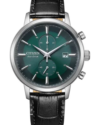 Ceas cronograf Eco-Drive cu curea din piele, Argintiu/Negru