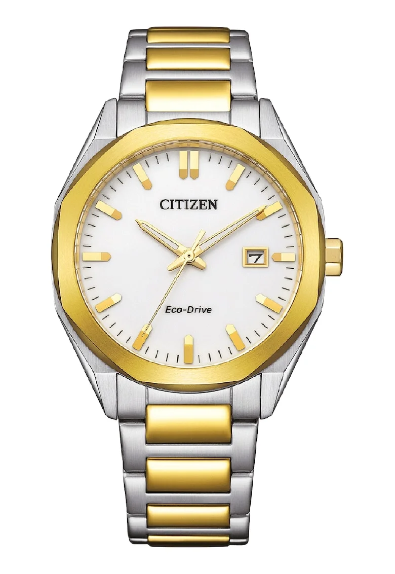 Ceas Eco-Drive cu bratara cu model in doua nuante, Argintiu/Auriu
