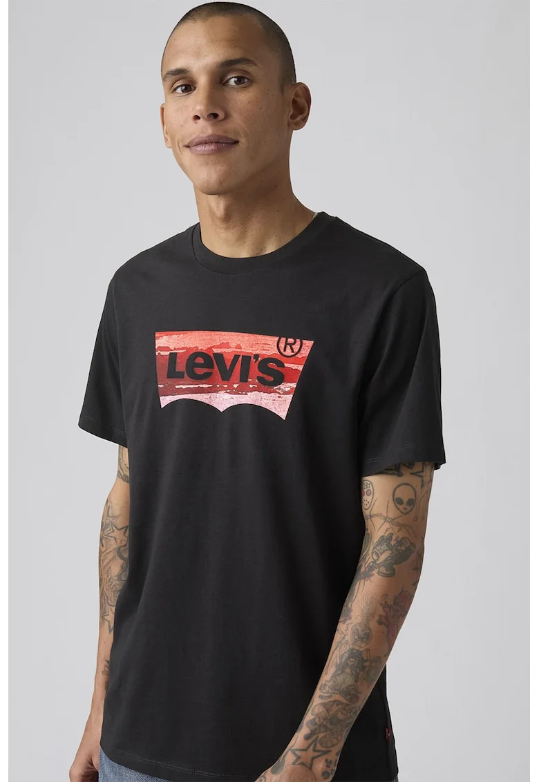 Tricou din bumbac cu decolteu la baza gatului si logo, Rosu/Negru