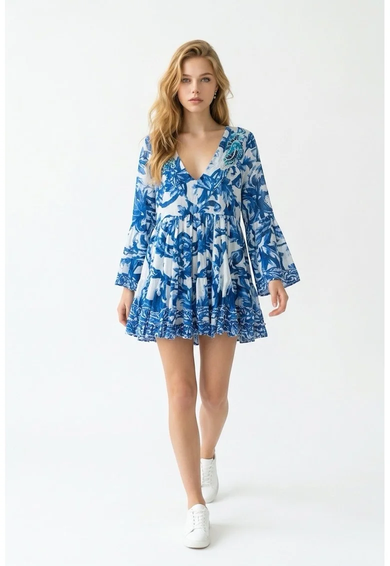 Rochie scurta din bumbac imprimat aalbastru