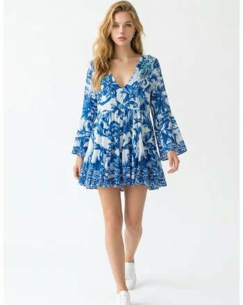 Rochie scurta din bumbac imprimat aalbastru