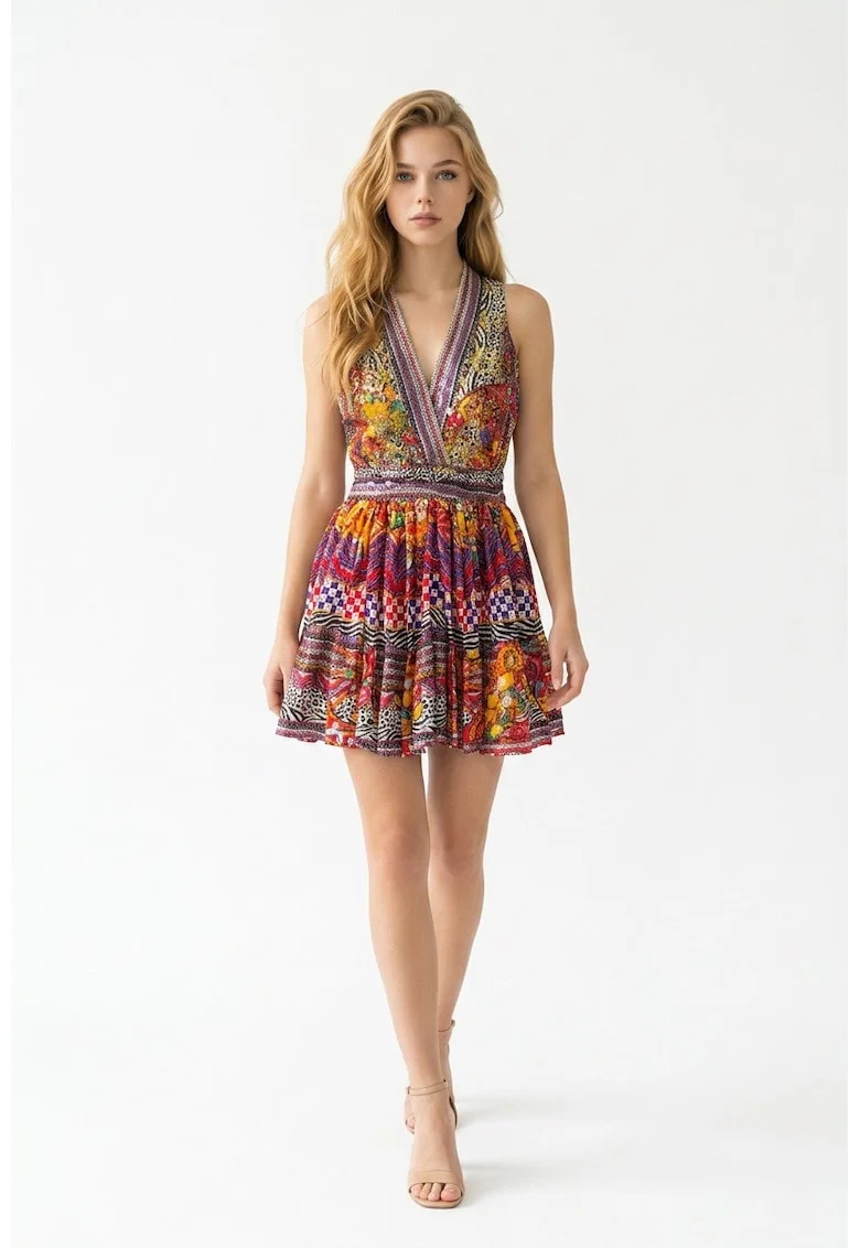 Rochie scurta din bumbac imprimat, Multicolor