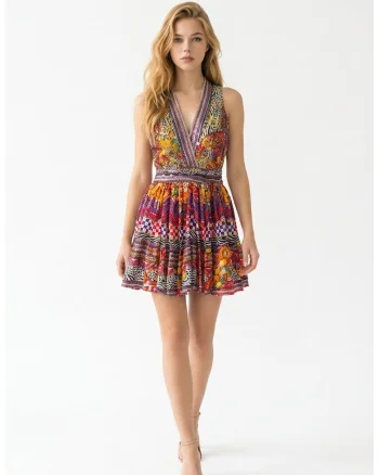 Rochie scurta din bumbac imprimat, Multicolor