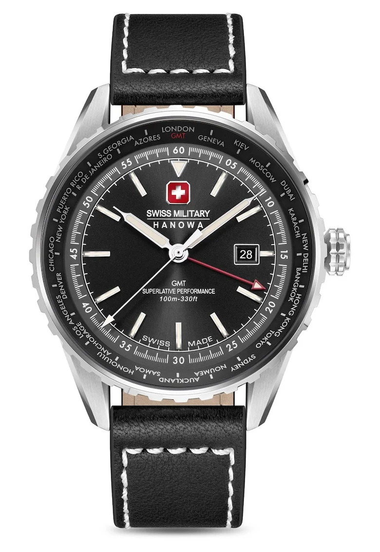 Ceas barbatesc  Afterburn GMT, negru, mecanism quartz Ronda, curea din piele, 100m impermeabilitate