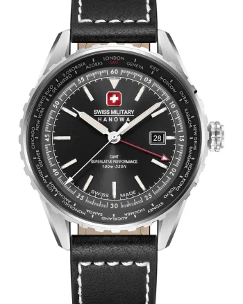 Ceas barbatesc  Afterburn GMT, negru, mecanism quartz Ronda, curea din piele, 100m impermeabilitate