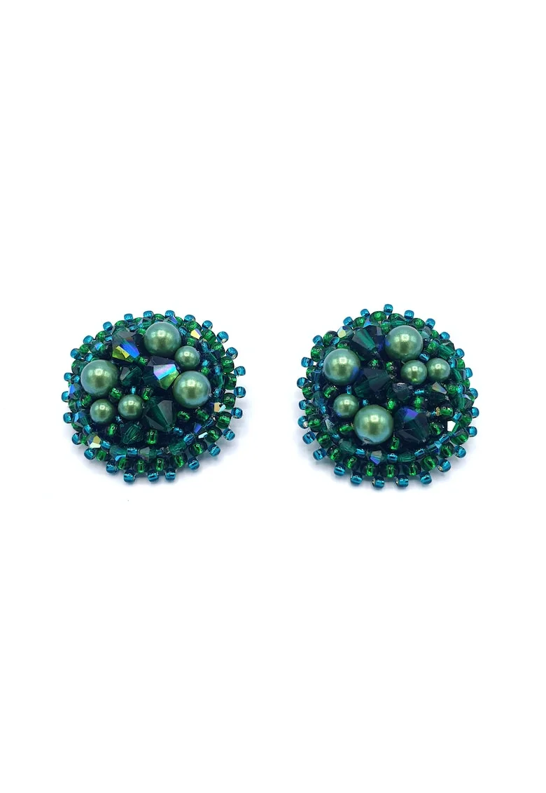 Cercei clips rotunzi,  Green Glam Clips, perle si cristale, verzi