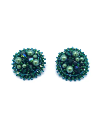 Cercei clips rotunzi,  Green Glam Clips, perle si cristale, verzi